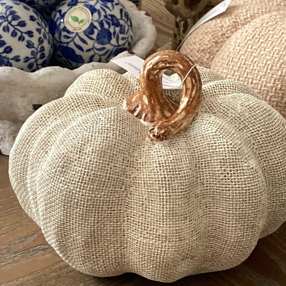 NEW! Shabby Chic Fall Autumn Harvest Creamy White Burlap Textured Resin Pumpkin - Picture 7 of 7
